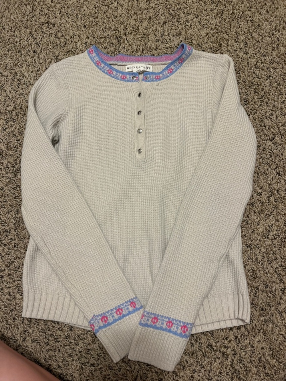 Artisan Ny Cream Waffle Knit Crewneck Sweater with Pink & Blue Trim